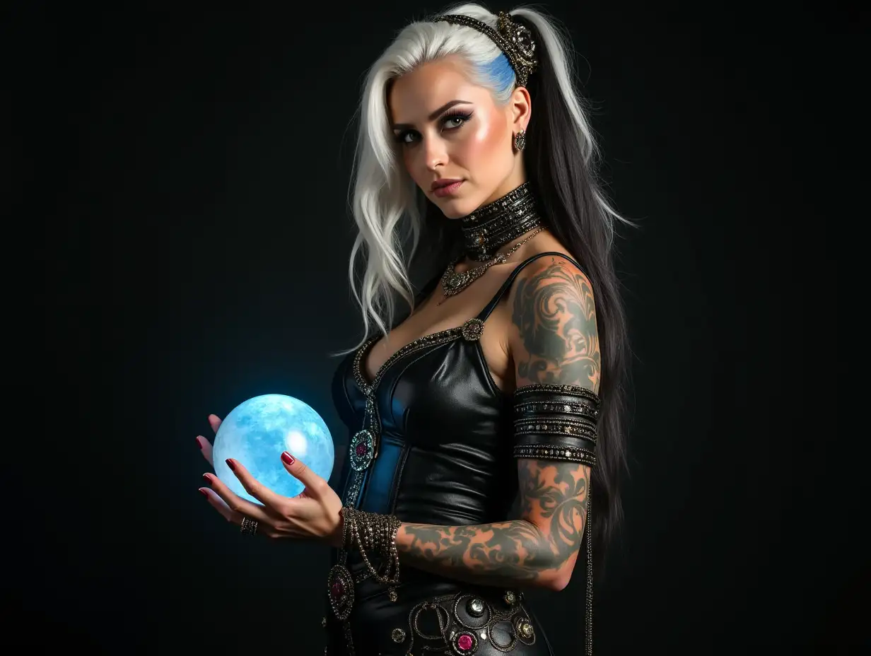 Lady with a -tattoo, futuristic long white-black hair, braided and laced boots, with a crystal ball in her hand - intricately detailed and colorfully worn and futuristic jewelry. Background unfocused, black 120-mm shot Steampunk