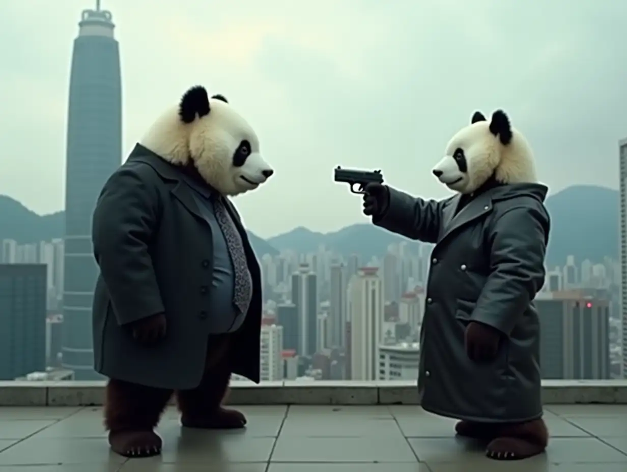 2 fat and cute pandas standing at the rooftop of a high-rise in hong kong , one is in black suit like businessman, another wear black leather coat and black leather pants, they look at each other, one panda in black leather coat stands at right hand side of the picture, he point the gun at another panda, 2 pandas a bit far from each others, very cinematic style