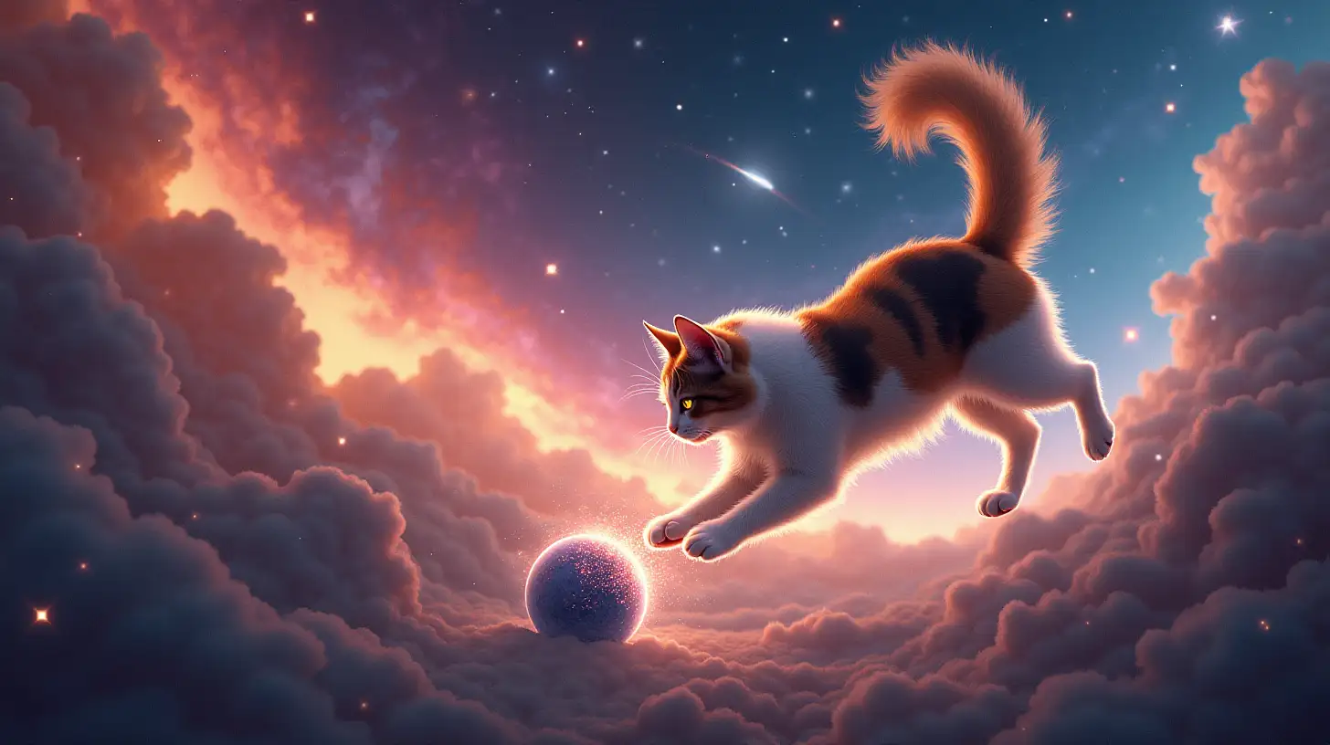 A breathtaking cosmic landscape with a vibrant celestial nebula stretching across the sky. In the foreground, a majestic Celestial Calico cat with a flowing, ethereal coat swirls with shades of orange, black, and white, glowing softly against the starlit void. The cat is mid-pounce, playful yet powerful, its paws reaching out toward a small planet below, as if batting it like a toy ball. The planet glows with a radiant energy, crackling with light as the cat's claws make contact. The background features swirling galaxies, distant shooting stars, and cosmic dust trails, adding depth and motion to the celestial scene. A sense of wonder and scale, blending fantasy and realism, with vibrant lighting and intricate fur details.