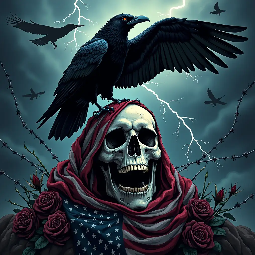 A dark, gothic digital illustration featuring a detailed skull with an American flag draped over it, surrounded by black roses and barbed wire. A large raven with outstretched wings perches on the skull, with stormy clouds, lightning, and flying crows in the background. The scene has a dramatic, moody atmosphere with high-contrast lighting and deep, rich colors. Vector illustration, hand drawn