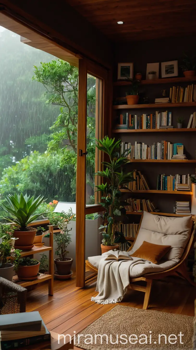 Cozy Home Reading Nook with Lush Plants and Serene Rainy Day View