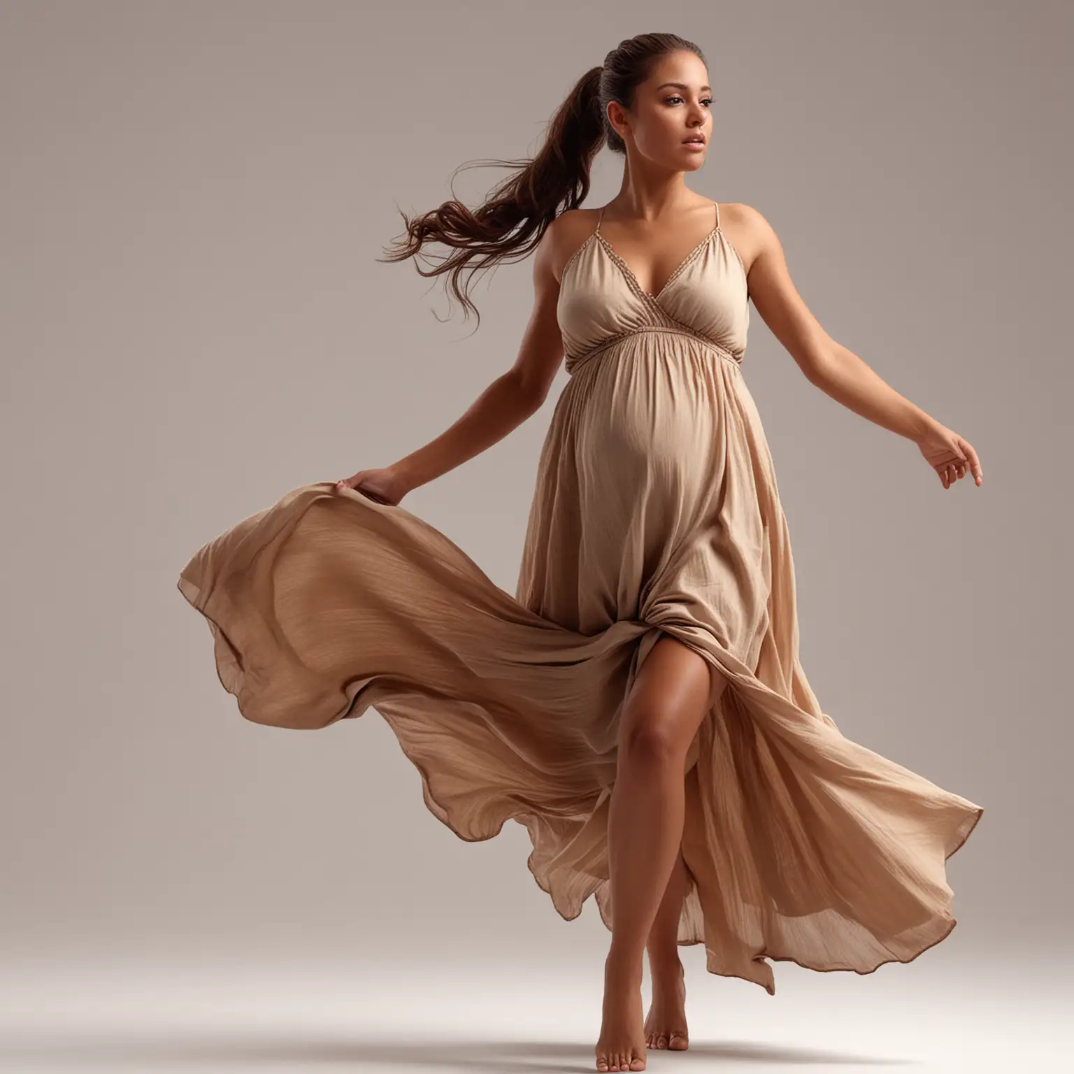 Pregnant Latin Woman in Flowing Tan Dress Pose