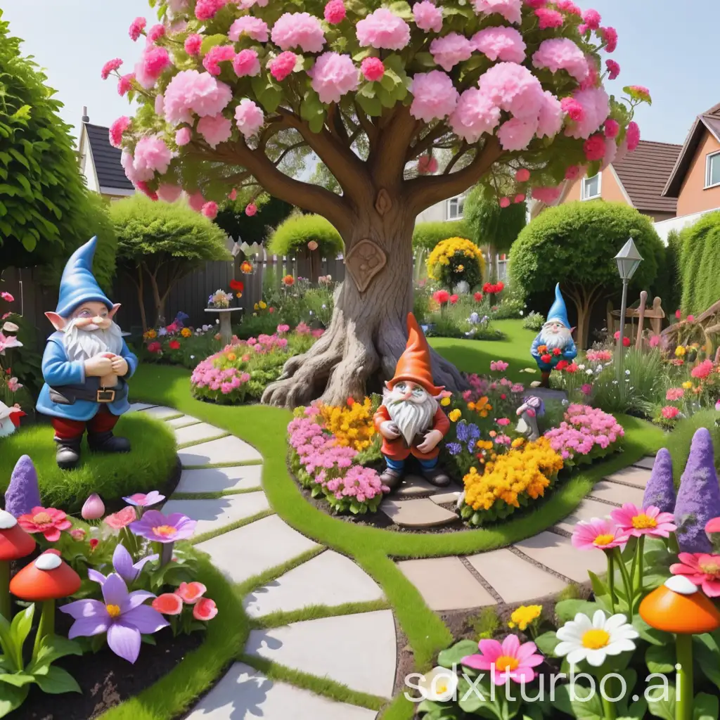 Enchanted-Garden-with-Blossoming-Tree-and-Playful-Garden-Gnomes