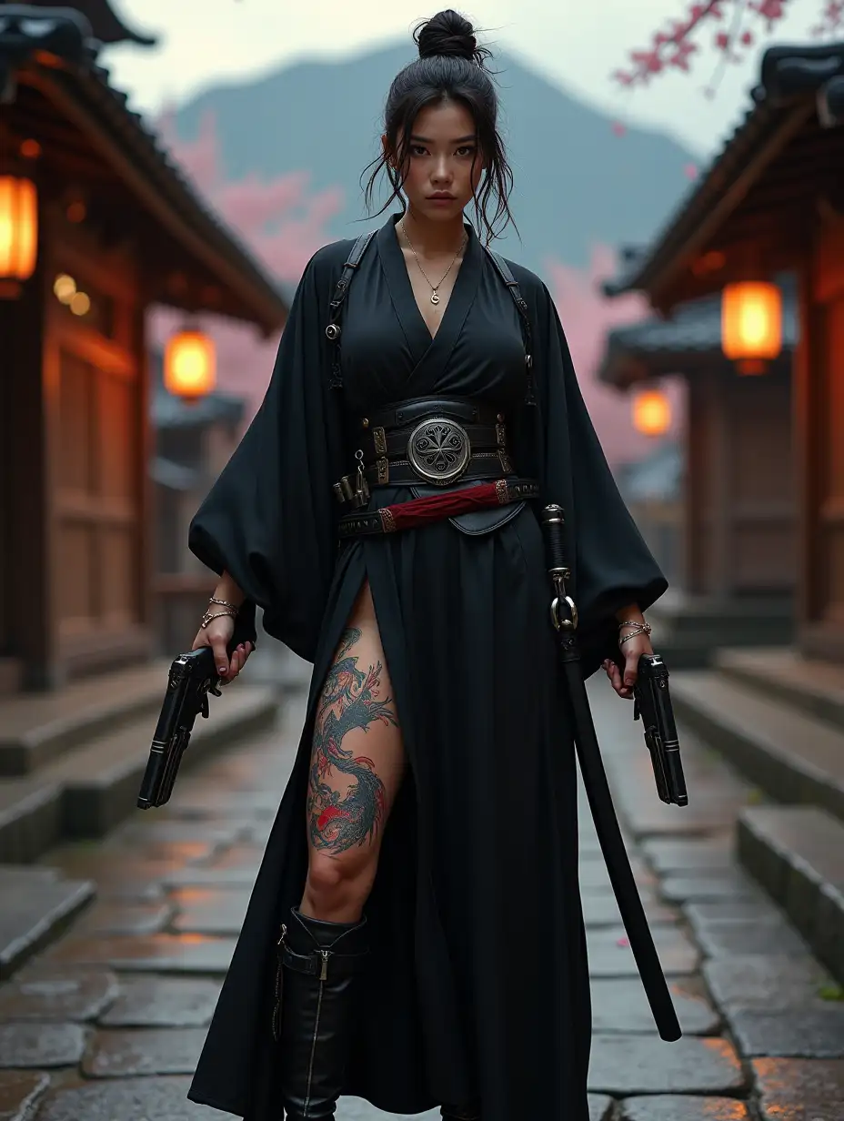 Female-Samurai-in-Serene-Japanese-Courtyard-at-Dusk-with-Katana-and-Pistols