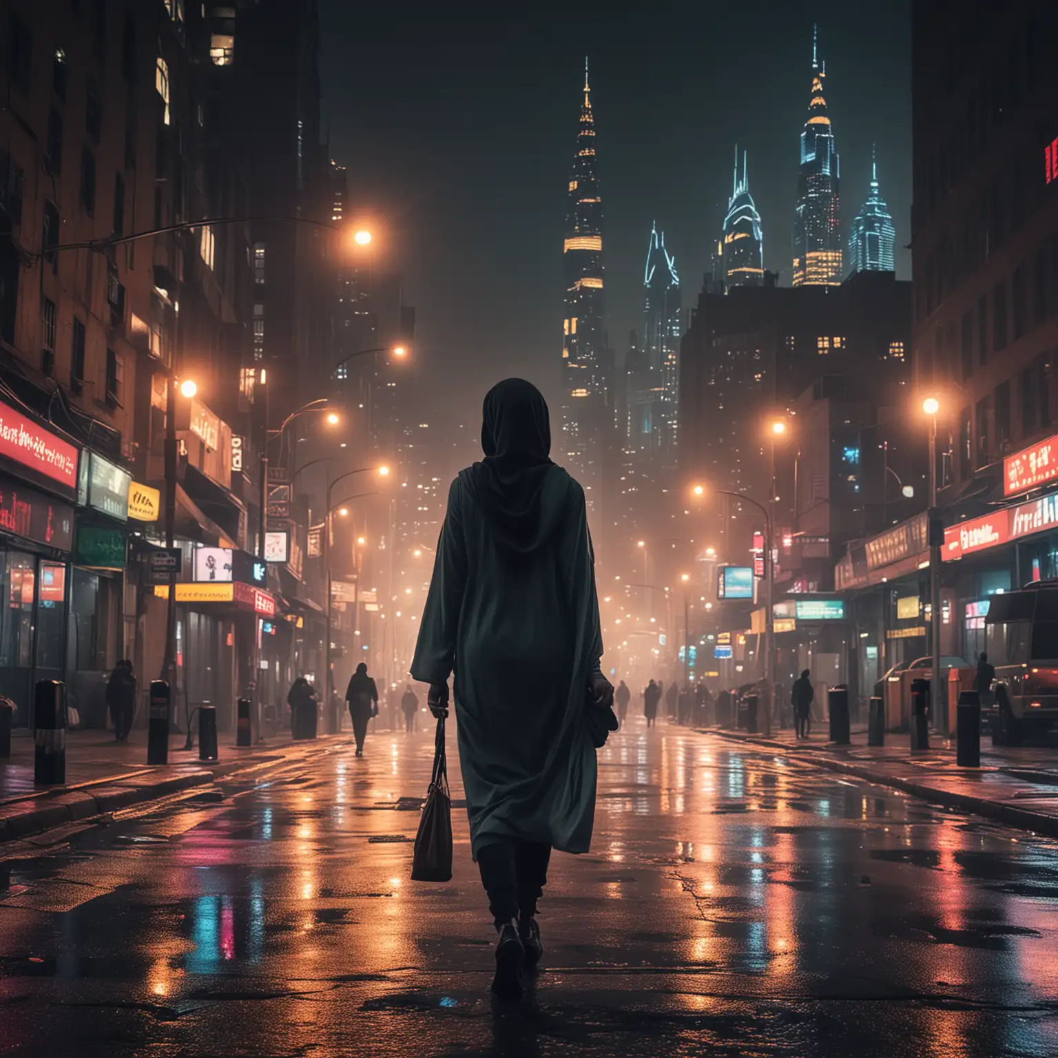 Elegant-HijabClad-Woman-Strolls-Through-NeonLit-Cityscape-at-Night