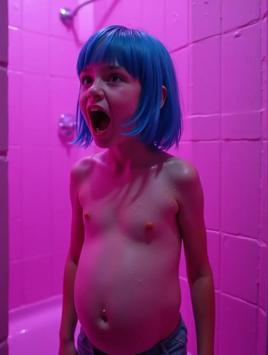 Girl-Yelling-in-Wet-Pink-School-Bath-with-Purple-Light