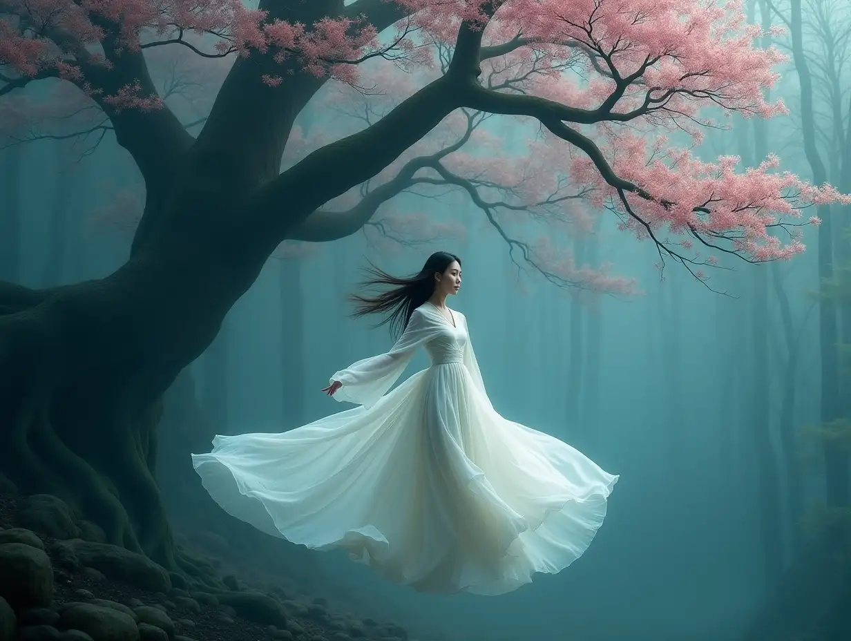 middleground--a woman wearing a white long dress in ancient Chinese style, floating lightly in the air, her long hair flowing in the air like soft feathers. Her arms are slightly spread out, and her skirt sways gently with her movements, showing a light and free posture. Her expression is calm and beautiful, as if immersed in a wonderful dream. Behind her is a huge tree, its branches adorned with pink flowers, which stand out brightly in the dark forest. The trunk of the tree shimmers with soft light, enveloping the entire forest in a warm glow. The background is a mysterious forest, the leaves of the trees sway gently in the wind, the shadows dance, as if telling ancient legends. A faint mist permeates the forest, wrapping the whole scene in a quiet and mysterious atmosphere. The overall tone of the picture is dominated by blue and green, creating a dreamy and mysterious atmosphere.