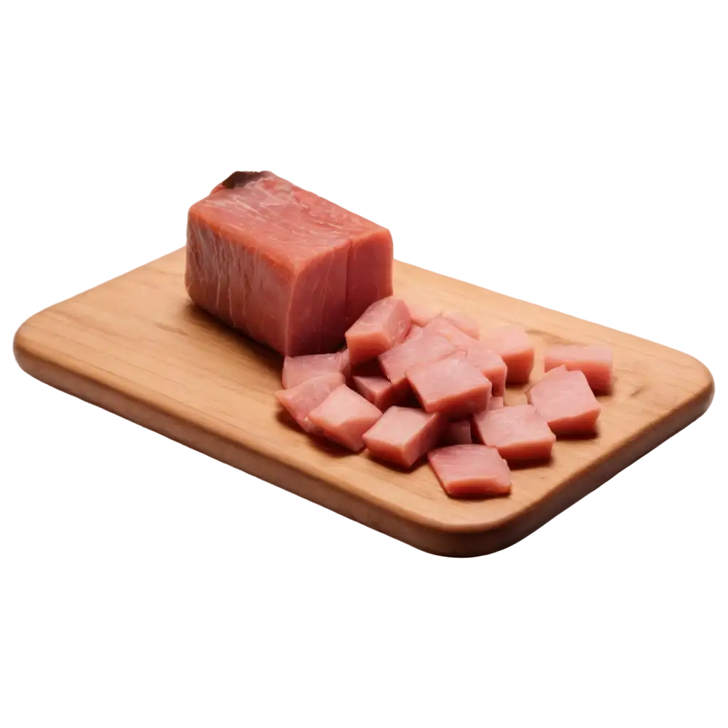 smoked loin cut into small cubes presented on a wooden board