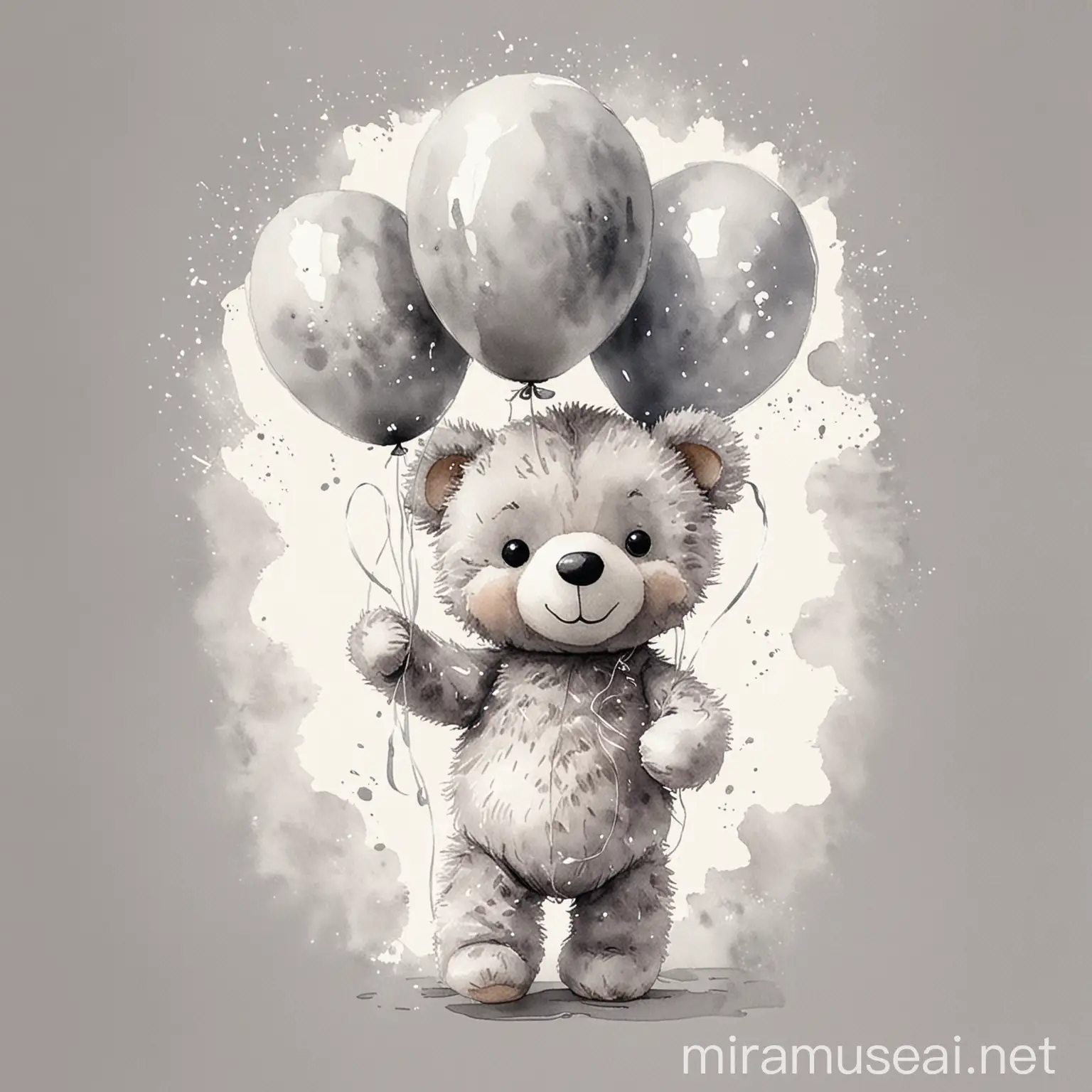 Charming Grey Teddy Bear Holding Balloons in Watercolor Style