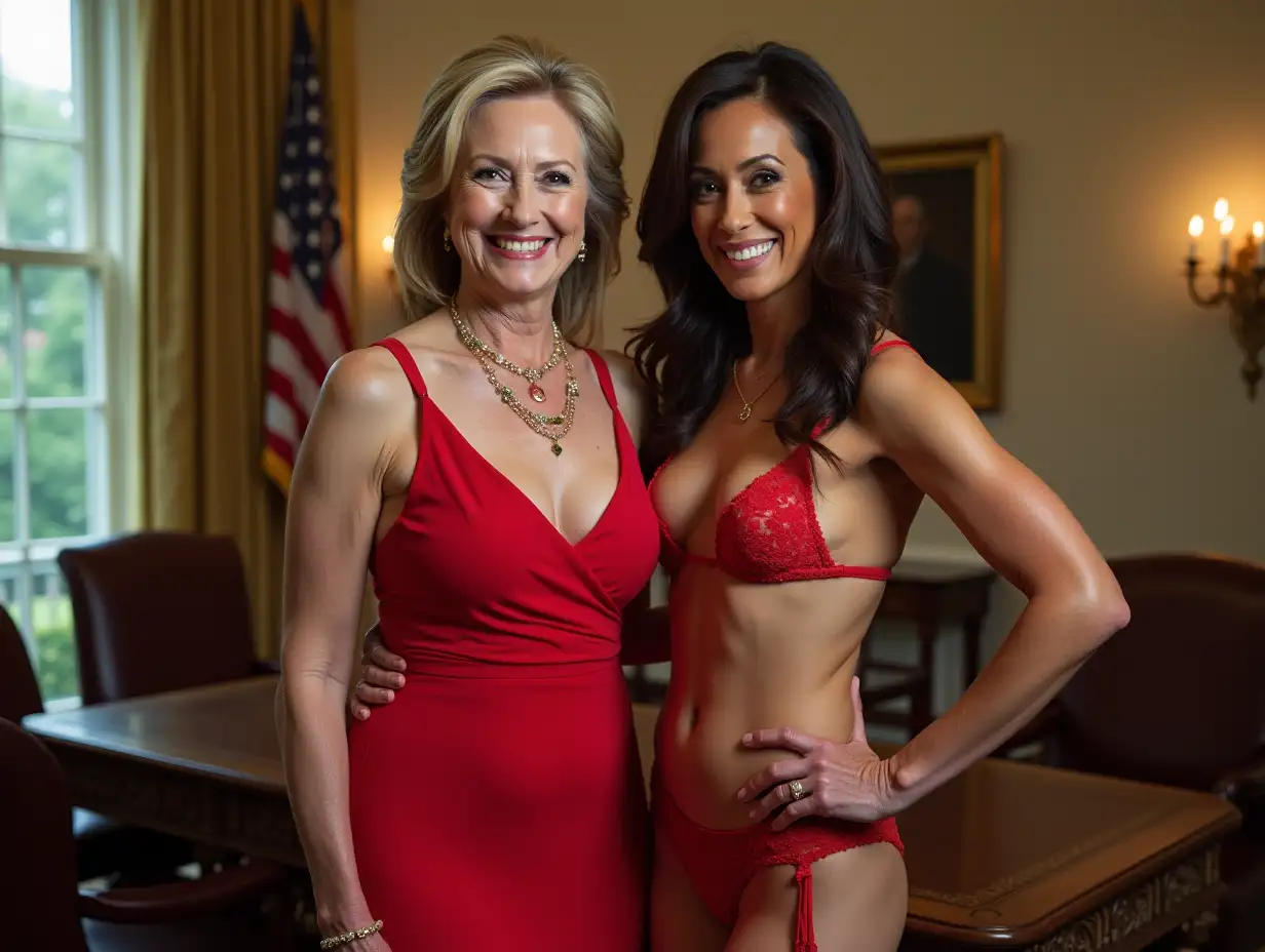 Hillary Clinton and 58.5-year-old female, Kamala Harris, slim waist, very large breasts, wide shoulders, wide hips, full body, posing for a calendar bikini of American flag photoshoot in the Oval Office, photo quality, high resolution, no NSFW