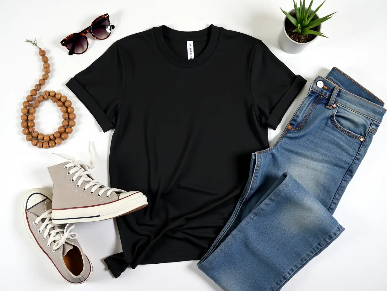 64k. A black t-shirt. It's paired with a pair of denim, a pair of sneakers, a strand of wooden beads, and a pair of sunglasses. The items are arranged on a white background, with a small potted plant adding a touch of greenery. The overall style is relaxed and casual, with a focus on comfort and versatility. High Resolution, Detail, Clear Tones