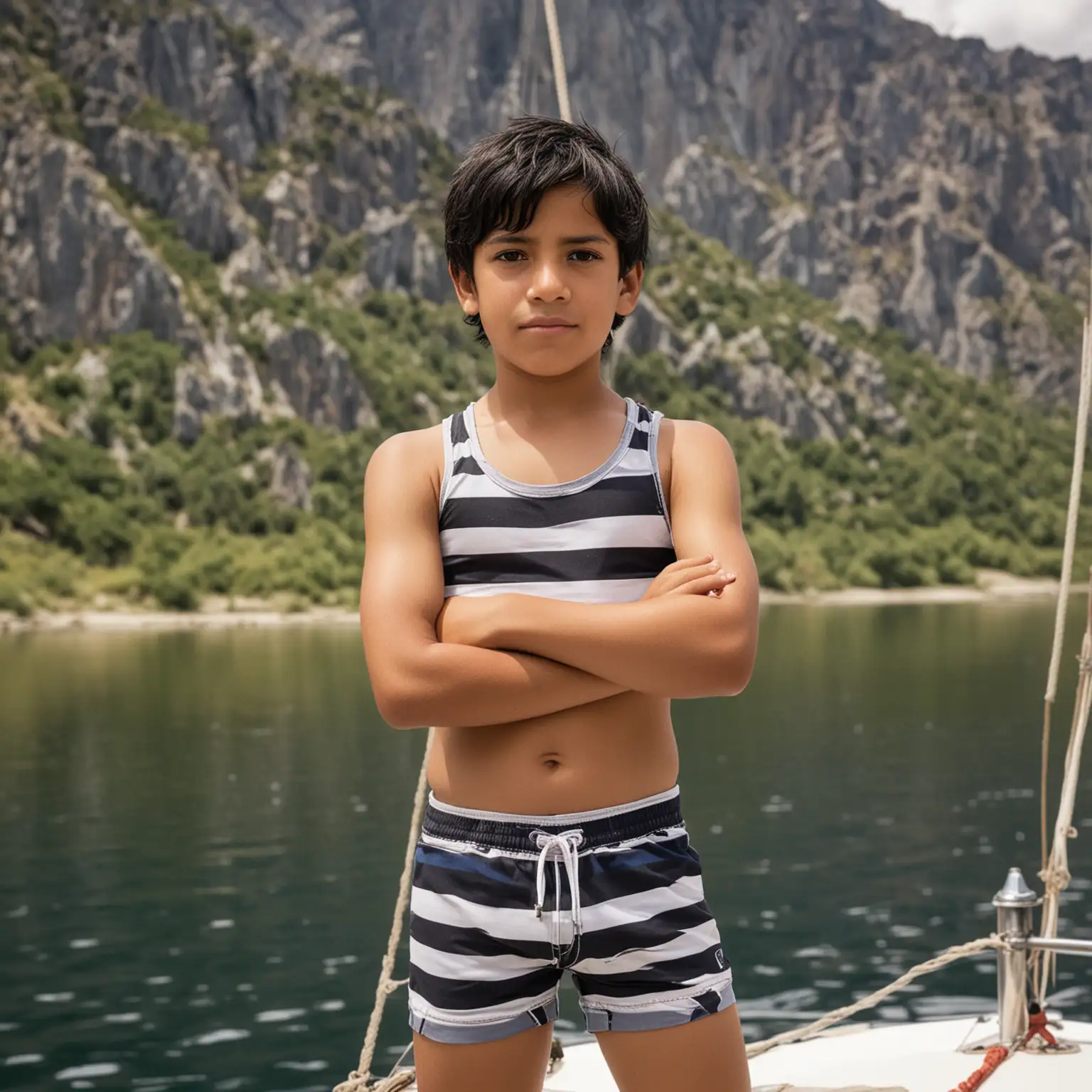 Confident-Young-Boy-on-Sailboat-with-Family-Lake-and-Mountain-View