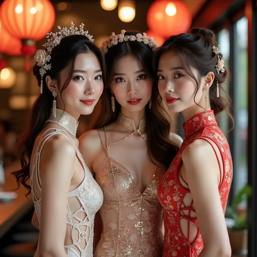 Group-of-Three-Stylish-Women-in-Elegant-Cheongsams-with-Unique-Hairstyles-and-Playful-Expressions