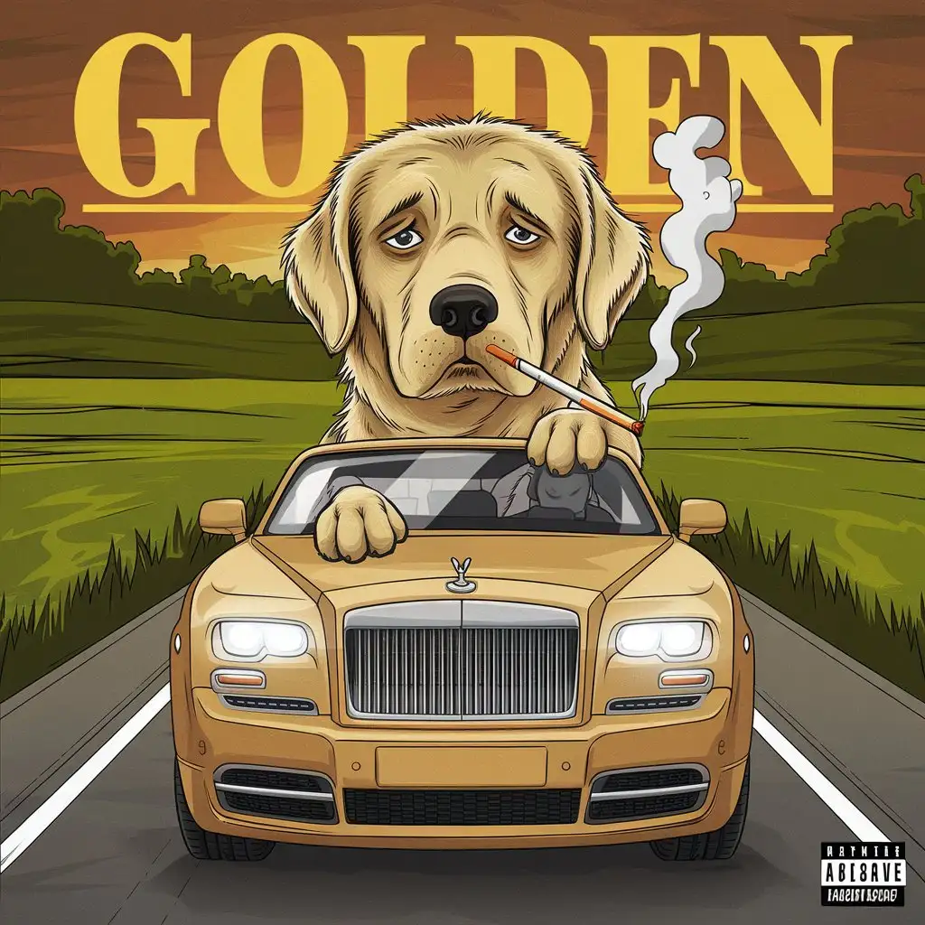 Sad-Golden-Retriever-Smoking-and-Driving-Luxury-Car-on-Sunset-Road-with-Green-Fields