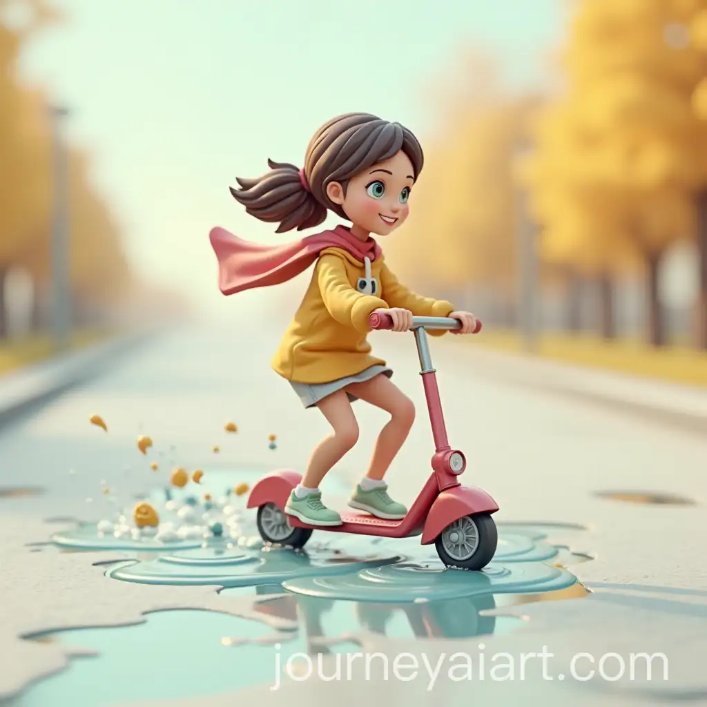 Young-Girl-Riding-Scooter-Splashing-Through-Puddles