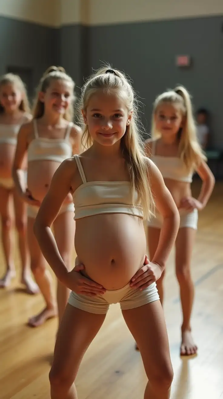 several slender preteen girls practicing a dance routine in a gymnasium. each girl has long blond hair, tied back, and is wearing a matching uniform including spandex short shorts and a strapless spandex top covering a pregnant belly.