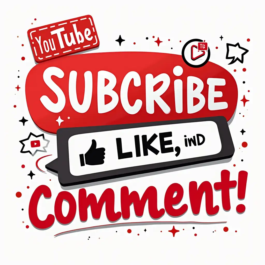 Create an eye-catching YouTube banner-style image featuring bold text that says 'Subscribe, Like, and Comment!' The design should include vibrant colors like red, white, and black, matching the YouTube theme. Include a play button icon, thumbs-up icon, and speech bubble icon for visual emphasis. The style should be clean, modern, and professional, with dynamic shapes and gradients to make it stand out.