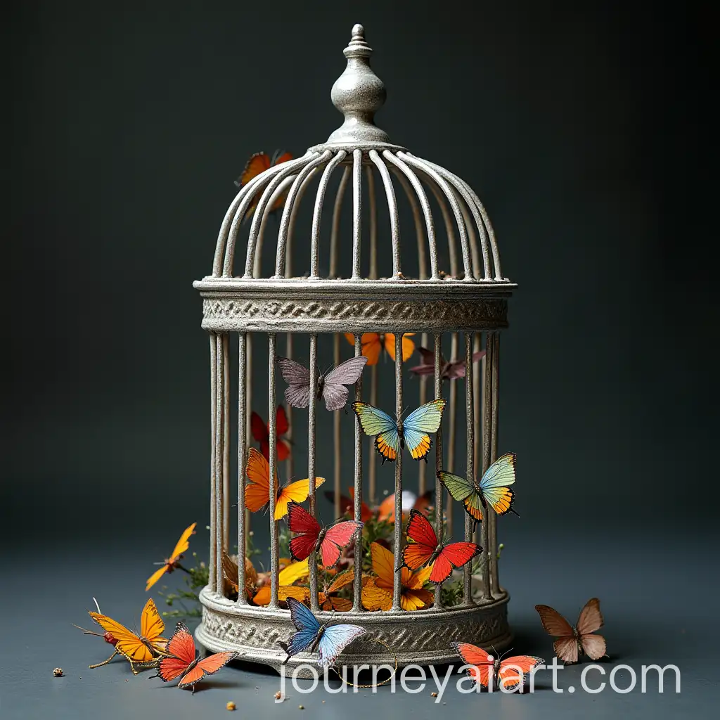 Colorful-Butterflies-in-Large-Silver-Cage