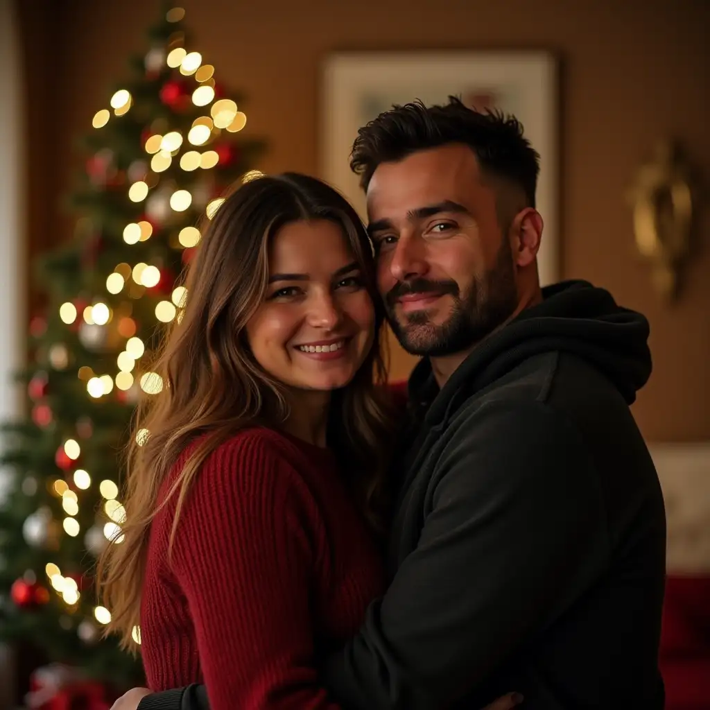 Chubby Maria and skinny dimitris are hugging in front of the Christmas tree. Maria is 28 and has balayage hair, dimitris is 39, he has beard and short hair.