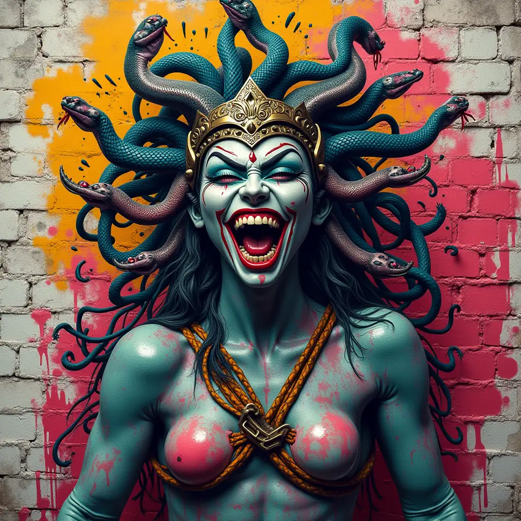 A bold reinterpretation of ancient mythology with a street-art twist—graffiti-styled Medusa with spray paint cans instead of snakes, a neon-colored Thor wielding an electric hammer, or a samurai warrior with glitch effects. The backdrop features urban textures like brick walls, paint drips, and abstract patterns, making the classic feel contemporary and rebellious