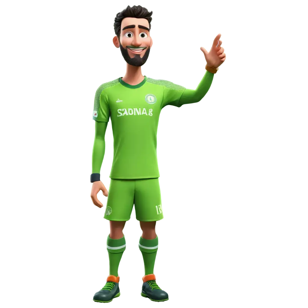 3d illustration food ball goal keeper wearing neon green colour jersey mention the name san and number 13 on the jersey make the theam contrest camera angle view top angle where players sholders and heard alone visible in the top view