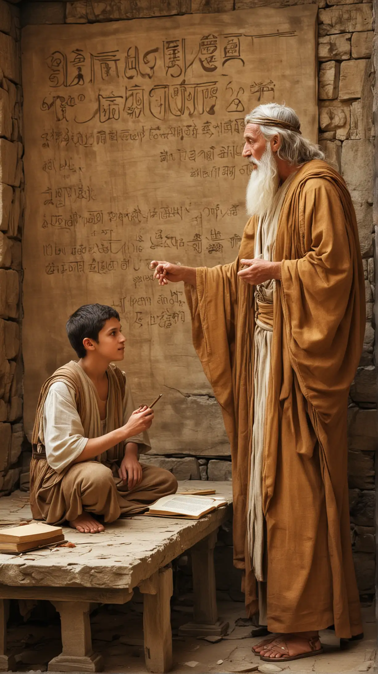 Ancient Wise Teacher Interacting with Student