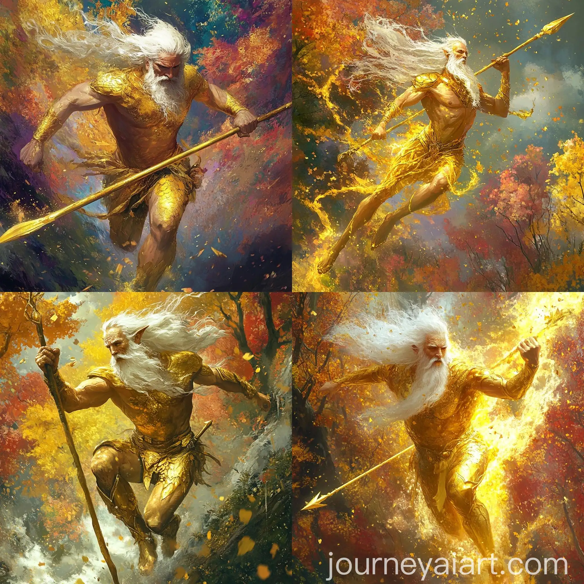 Golden-Warrior-Leaping-Among-Colorful-Trees-with-Spear
