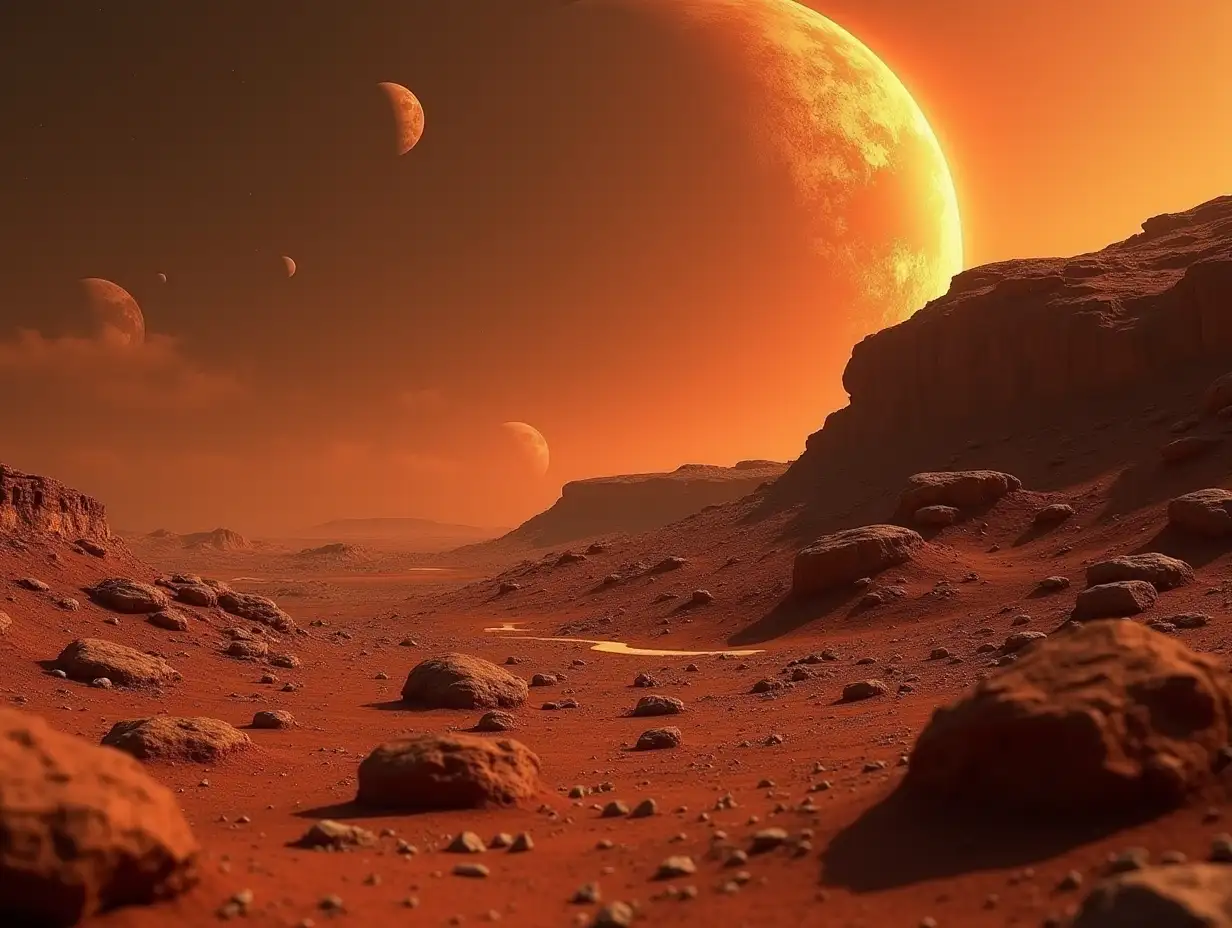 Create for me a photorealistic image of Mars many billions of years ago, 16:9 macro photography