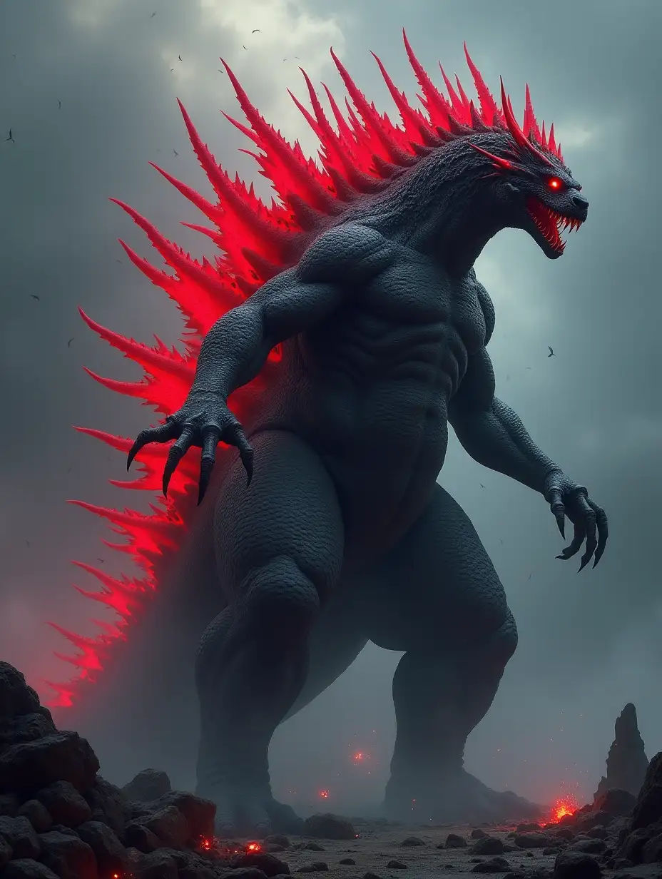 A kaiju, God of Chaos, Draconic body appearance,Dark grey/Black skin/scales,Neon red glowing Godzilla type dorsal spikes features but only dorsal spikes not the entire body,God like art,make the kaiju bulky