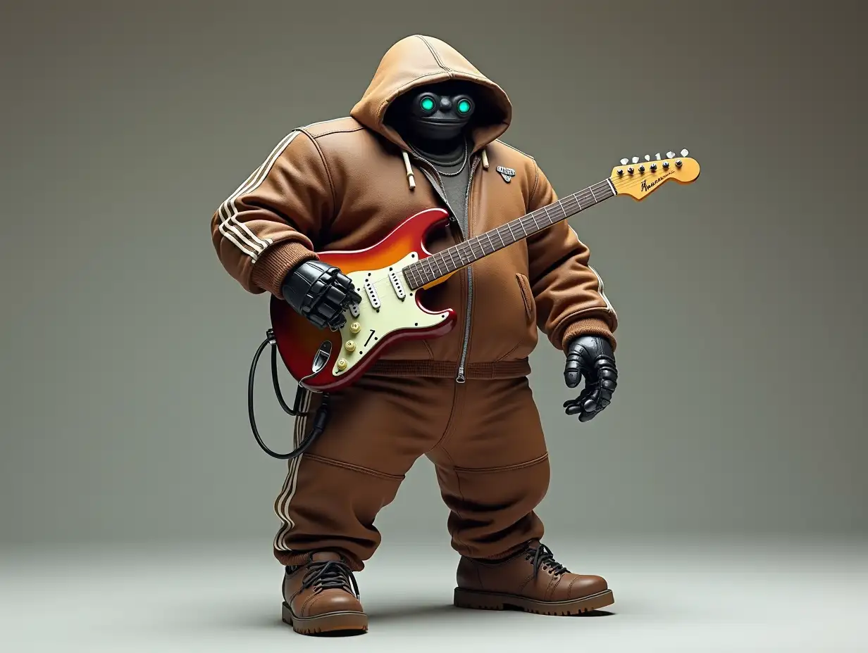 Create a high-resolution, realistic image of a robot with a thick body, brown leather shoes and a fashionable tracksuit, holding a guitar and wearing a hood in 4K resolution.