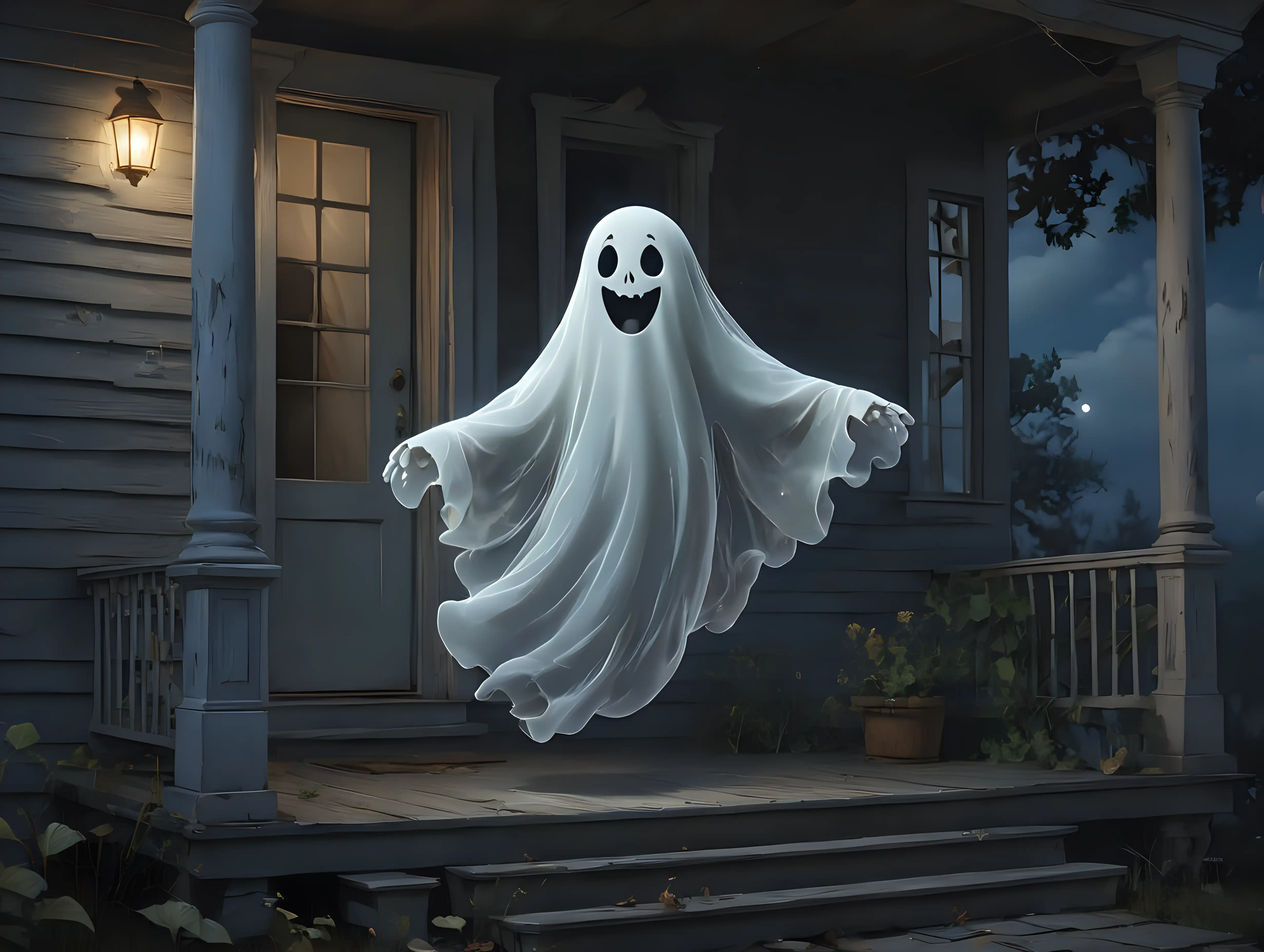 Cheerful-Ghost-Floating-on-an-Old-House-Porch-on-a-Moonlit-Night