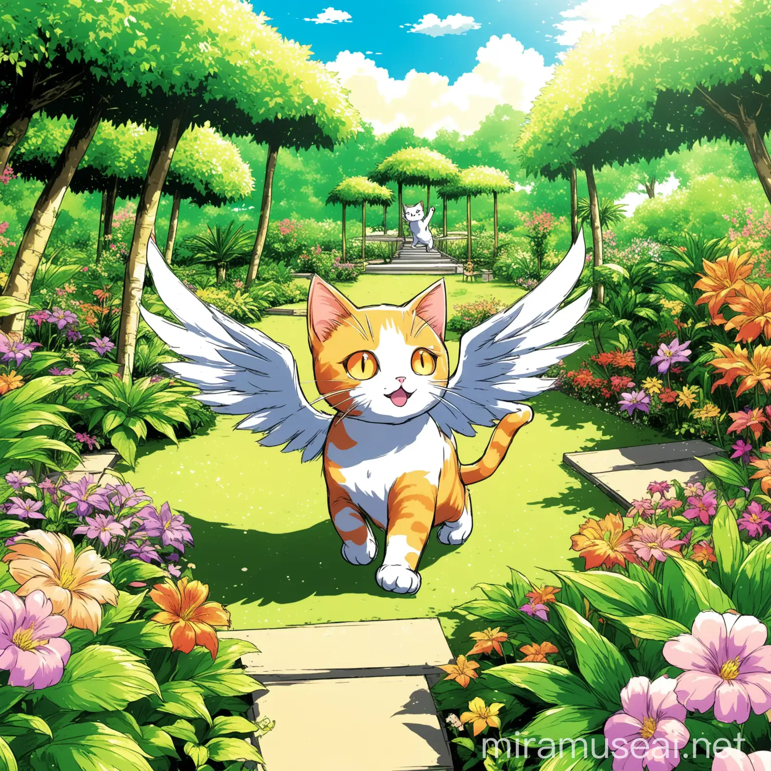 MangaStyle Cat with Wings Playing in ParadiseLike Garden