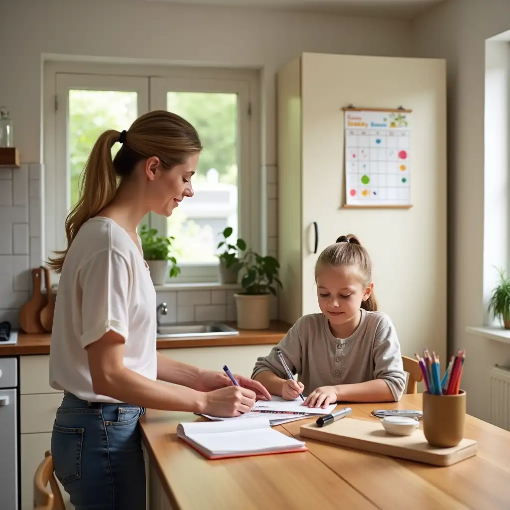 Parent-Cooking-and-Child-Doing-Homework-in-Kitchen-with-Visual-Timetable