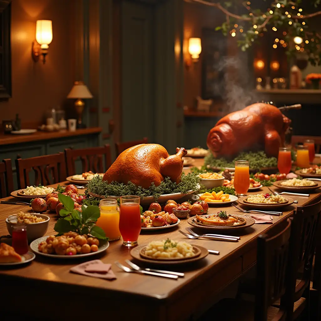 Feast Table with Turkey and Spit Roast Pig