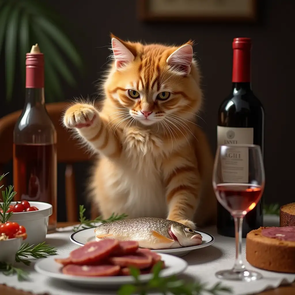 fluffy cat stands on a chair with its back legs and reaches for the fish lying on a plate on the table, there is meat on the table, there is a bottle of wine, there is a cake, there is a filled glass of wine