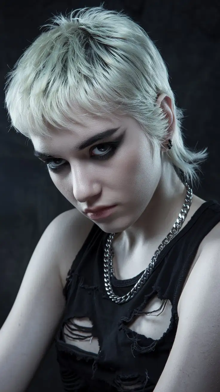 close-up portrait, edgy young woman, platinum blonde pixie haircut with visible dark roots, intense gaze, wearing a ripped black tank top, silver chain necklace, dark smokey eyes, studio lighting, high contrast, grunge style