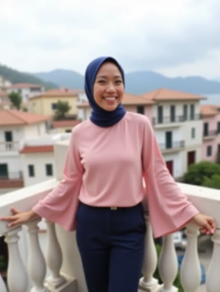 A woman stands on a balcony, smiling cheerfully. She wears a stylish pink top with flowing sleeves and dark trousers, complemented by a navy blue hijab. In the background, a picturesque scene unfolds with colorful buildings and a cloudy sky. The image conveys a sense of positivity and fashion, perfect for a lifestyle blog or a social media post about contemporary modest fashion.