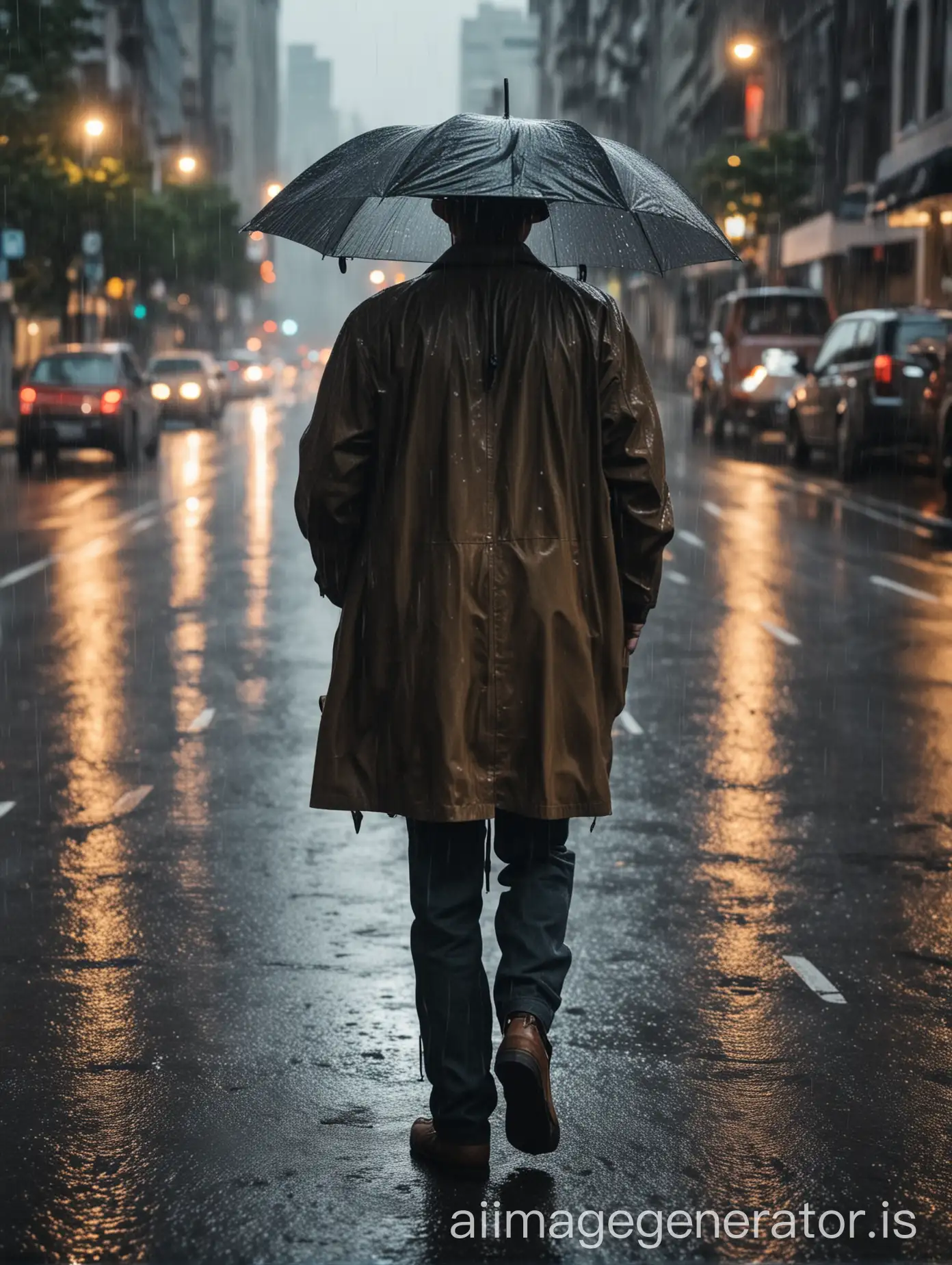 Night-Rain-on-Busy-Urban-Street-with-Man-in-Outback-Hat