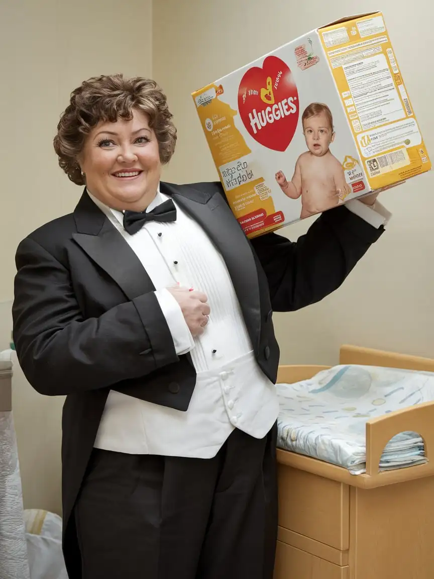 Smiling MiddleAged Woman in Formal Tuxedo with Baby Diapers