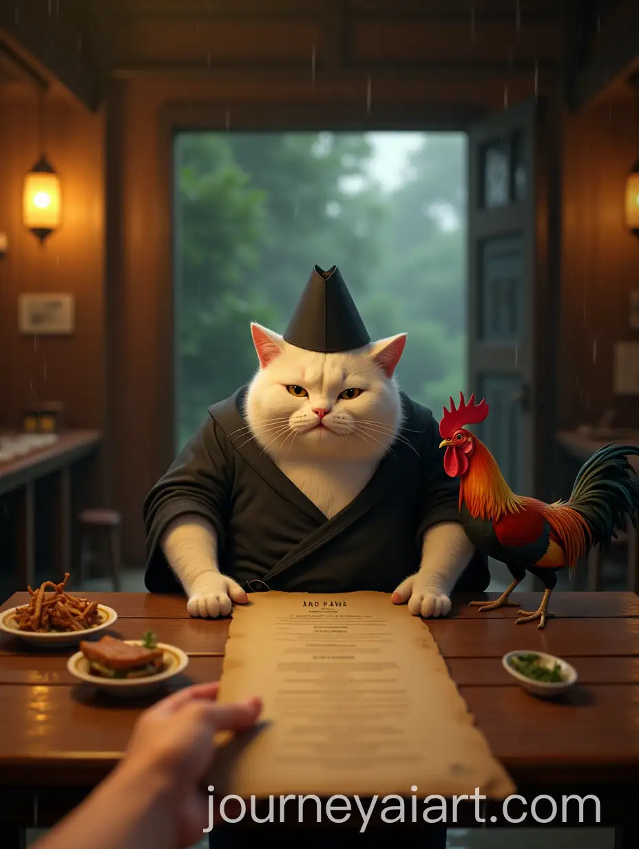 Waiter-Offering-Menu-to-Abah-Ketno-the-Anthropomorphic-WhiteAI-Art-Prompt-Expansion-Angora-Cat-in-Traditional-Indonesian-Warung
