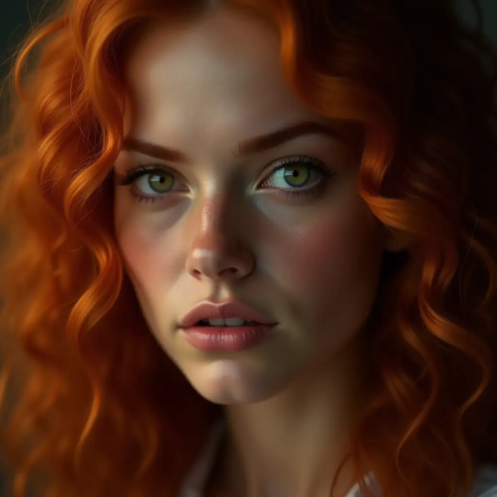 close up very photorealistic of a woman with an intense stare, green eyes, and long curly red hair, very close up, 8k resolution, photoreal, high detail, crystal clear