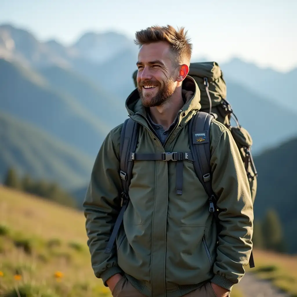 backpack with a bag, stylish young man - geologist with pleasure on the mountains with a bag - backpack, summer Sochi