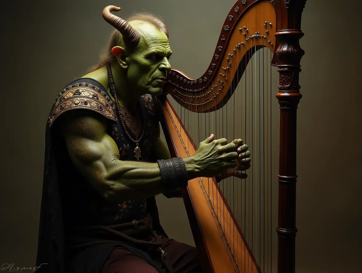 orc playing the Irish harp