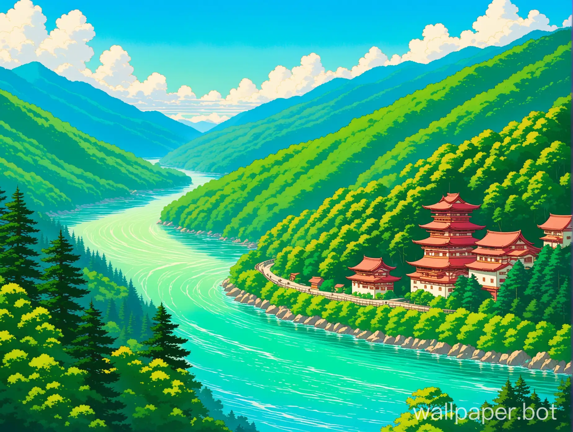 landscape, diverse forest trees, green mountains, blue skies, rich lively river, Ghibli art style, Spirited Away art style