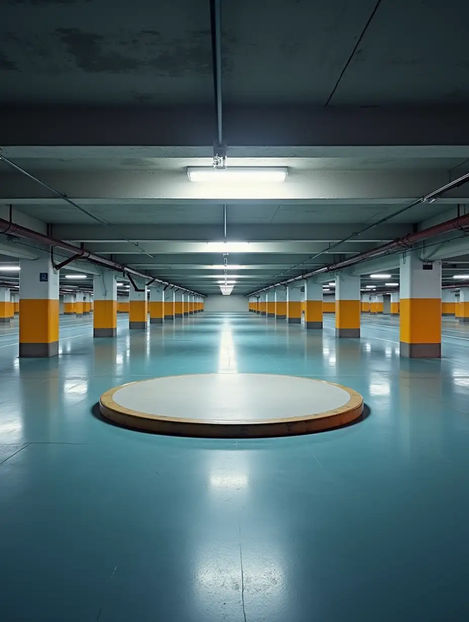 An empty underground parking lot that has a circular platform for display in the middle, and the platform is close to the camera. The dimensions of the photo should be 9x16.