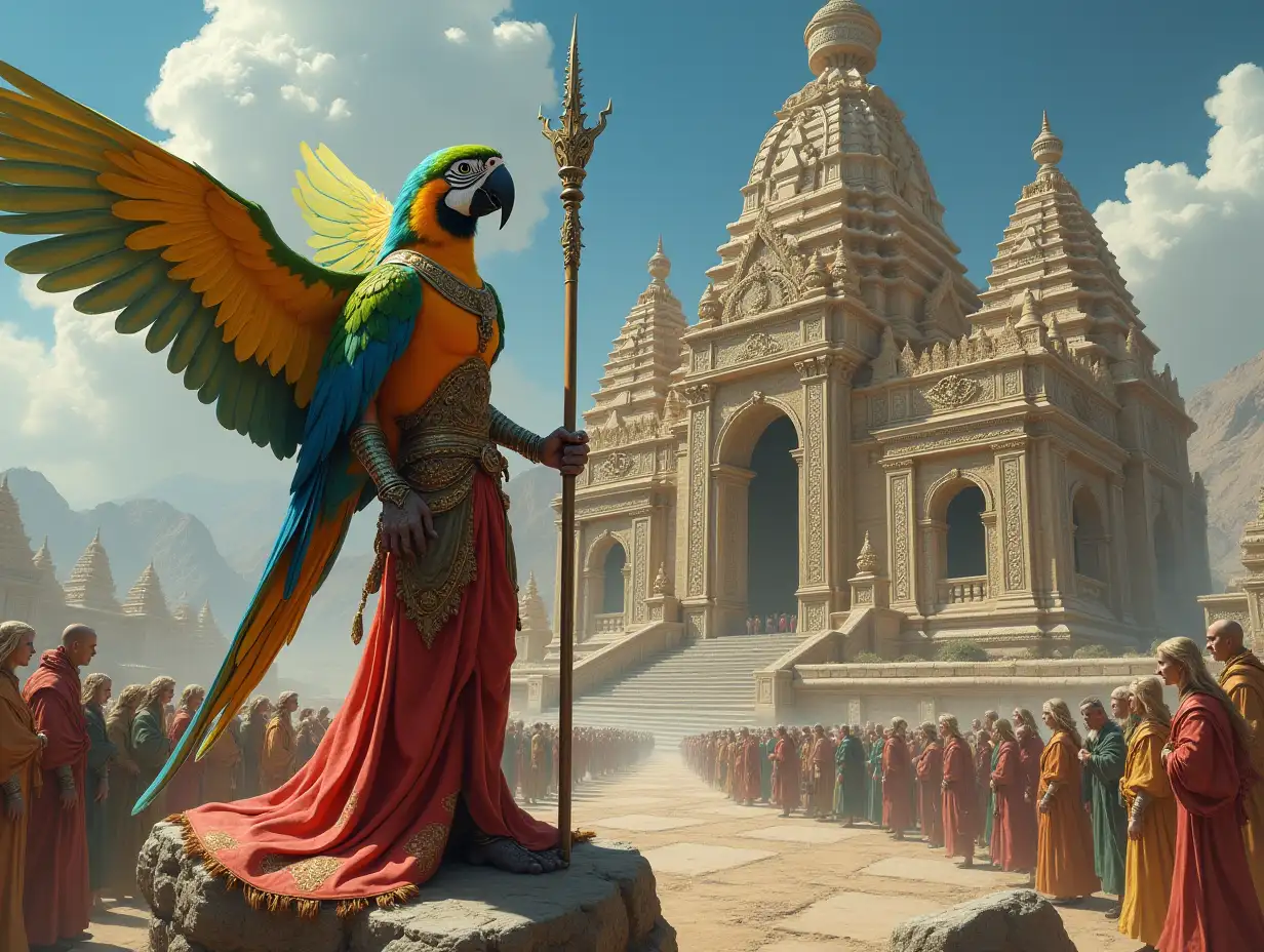 ultradetailed hyperrealistic portrait woman with parrot body stands on a rock holding a lance before a large temple with many people elaborately detailed, colorful