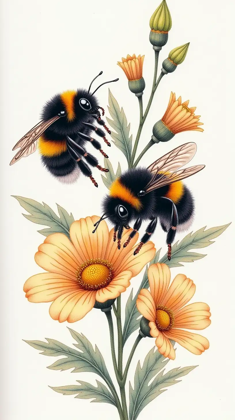 Bumble bees with flowers colored pencil drawing