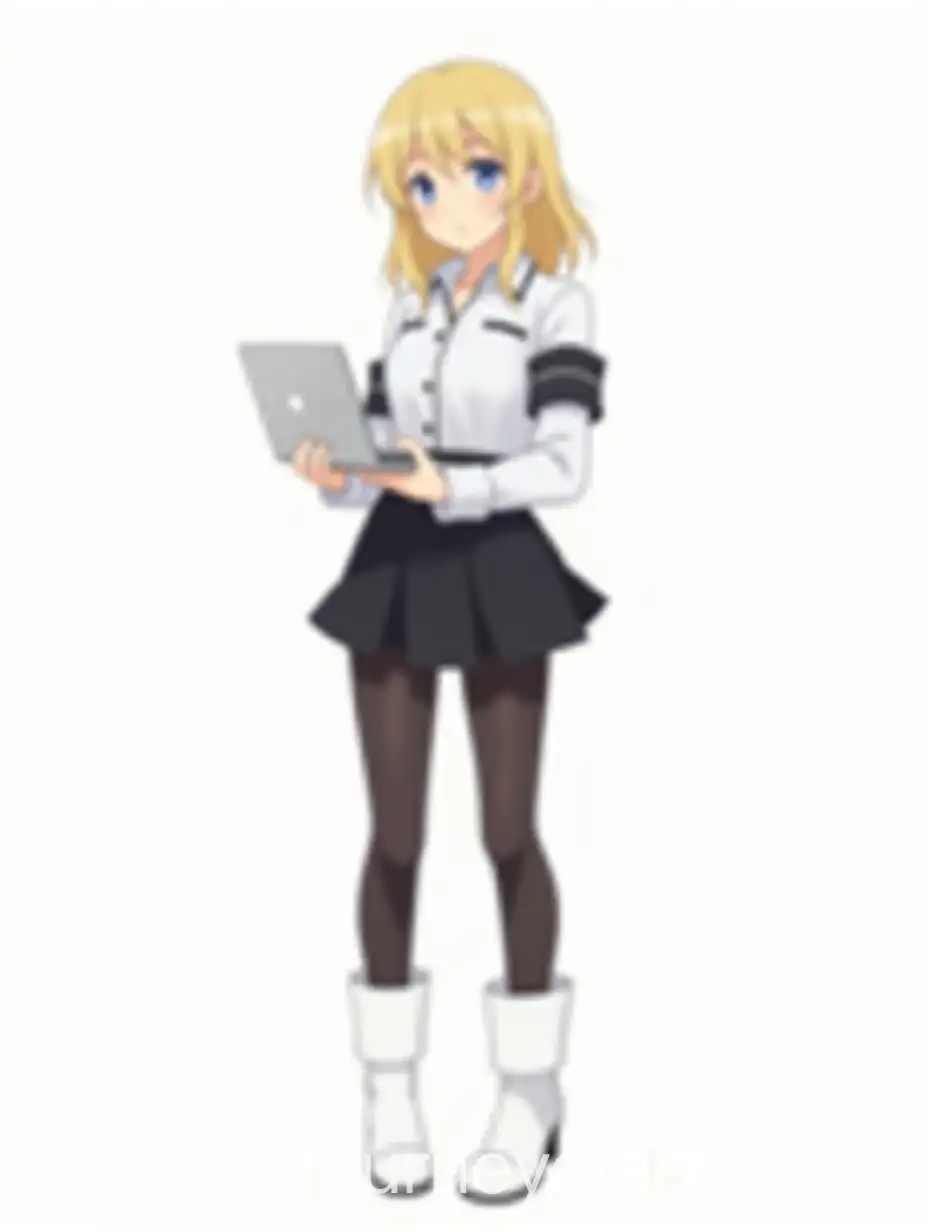 Blonde-Girl-in-Graduation-Shirt-and-Miniskirt-Holding-Laptop