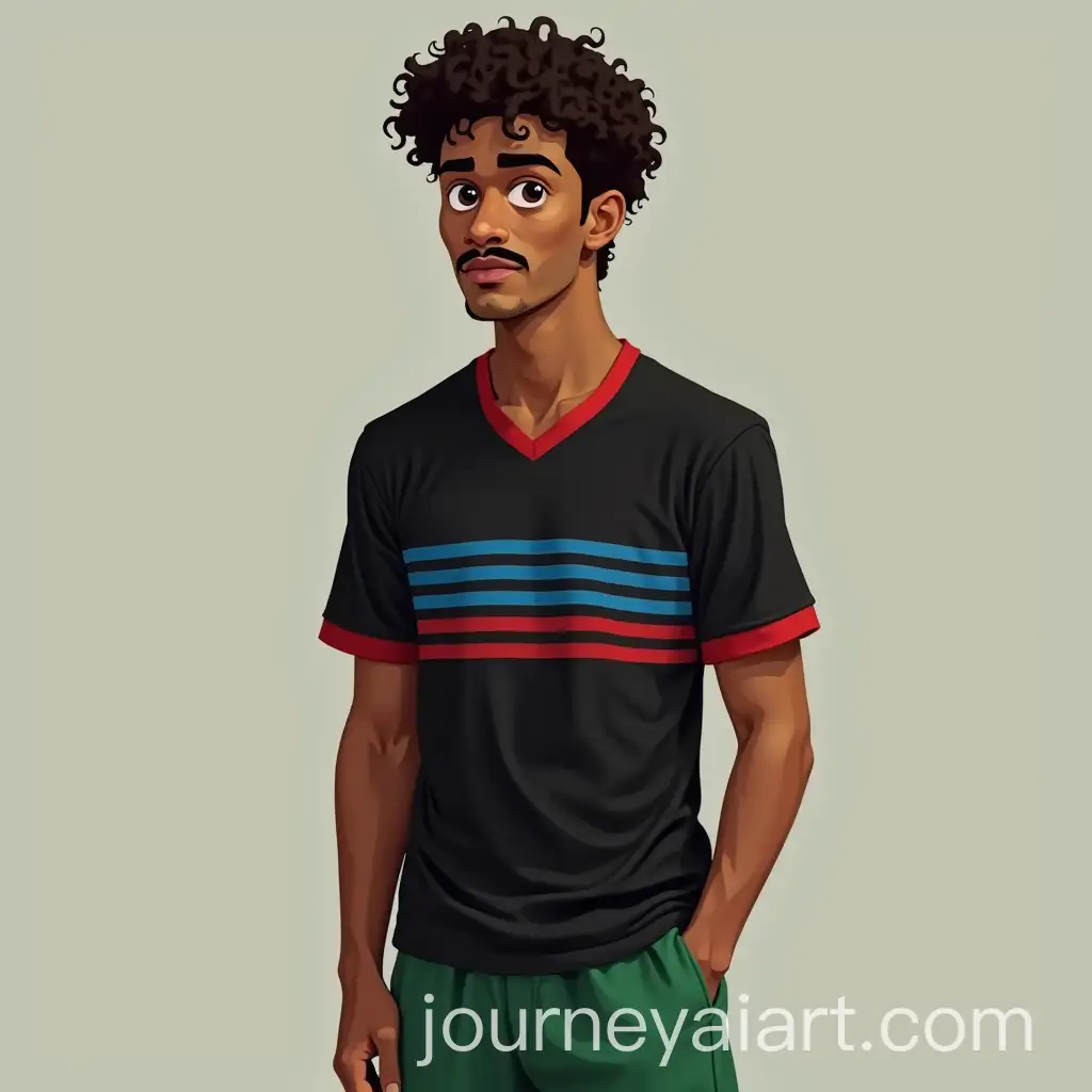 Brazilian-Man-with-Curly-Hair-Striped-Shirt-and-Green-Shorts