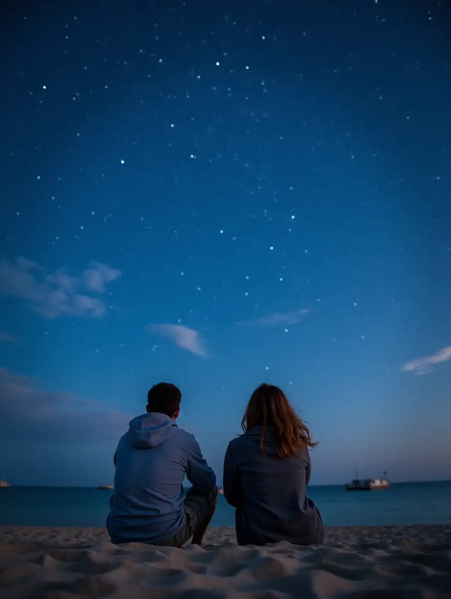 Two people observing the sky with stars on the beach sand